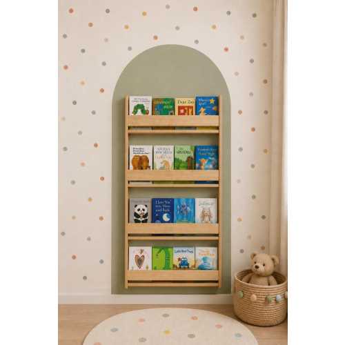 Montessori 4 Shelves Wall Bookshelf,  Wooden Kids Book Display, Nursery Wall Shelf