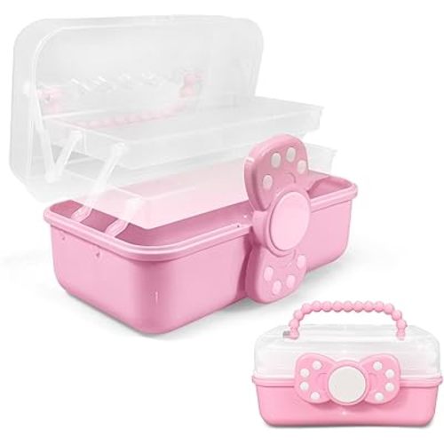 10.6in 3-Layer Multipurpose Storage Box Art Craft Organizer Storage Box Kids Clear Plastic Portable Storage Box/Tool Box with Handle for Sewing,Cosmetic,Medicine,Nail,Hair Accessories (Pink)