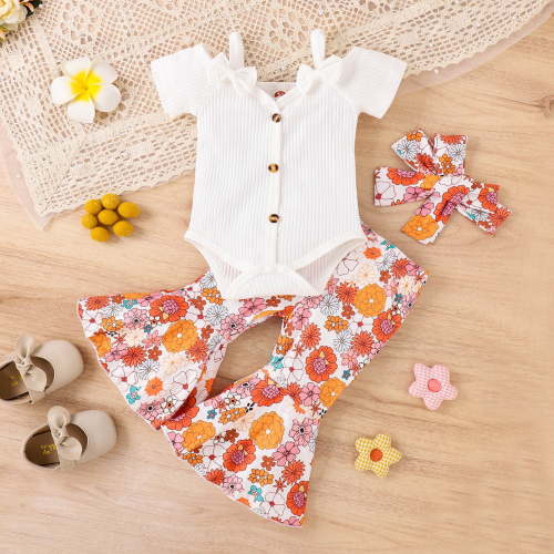 Edvintorg 3-24Months Toddler Baby Girl Clothes Clearance Fashion Cute Sweet Flower Print Romper And Ruffles Flared Pants Hairband Suit Summer Kids Clothes Girls
