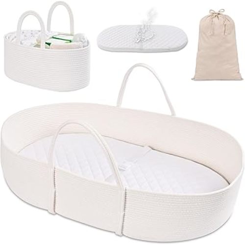 Changing Baskets Set,Moses Basket with Pad and Diaper Caddy,Set of 2 Baskets,Portable Cotton Rope Woven Basket,Replaceable Pad,Gifts for Newborn 28.7" x 15.7" x 7.8"（White）