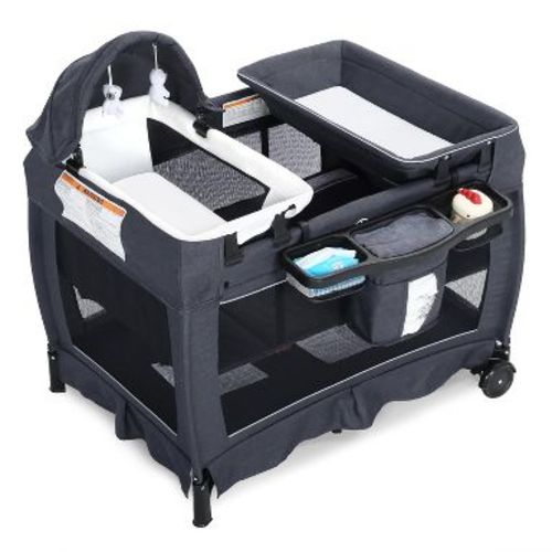 Kinder King 4-in-1 Convertible Baby Playard with Bassinet, Diaper Changer, Cradle&Bedside Sleeper, Breathable Mesh, Storage Organizer&Lockable Wheels