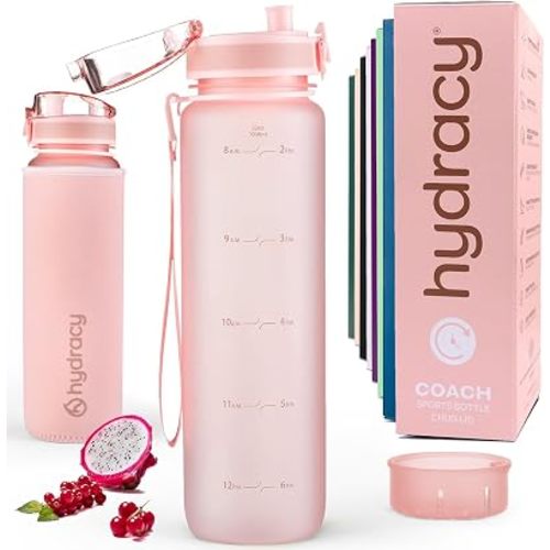 Hydracy Water Bottle with Time Marker -Large 32oz BPA Free & No Sweat Sleeve -Leak Proof Gym Bottle with Fruit Infuser Strainer & Times to Drink -Ideal for Fitness Sports & Outdoors