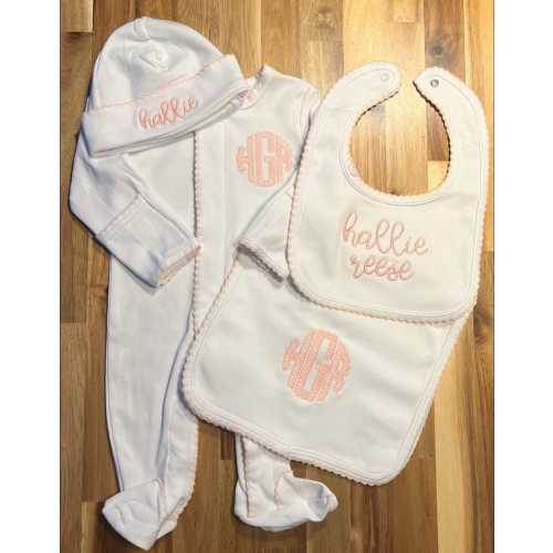 Baby Romper Picot Trim Set, NEWBORN footie, Embroidered Romper Set, Baby Boy and Girl Romper with matching Bib/Burp Cloth/Hat