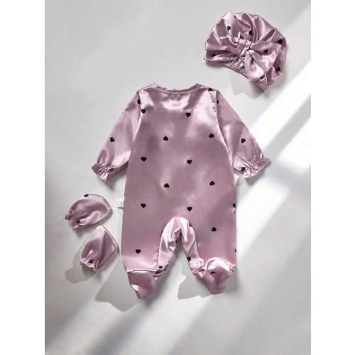3pcs Newborn Soft & Smooth Woven Fabric Set, Pink Cute Heart Print Decor Collar & Cuffs, Bow Accent Long Sleeve Footie & Hat & Mittens Purple Satin Baby Girl Outfit