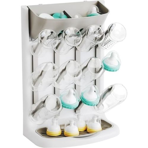 Larger Vertical Baby Bottle Drying Rack - BPA Free - Space Saving Feeding Bottles Drying Rack Holder for Countertop,Baby Bottle Holder Storage Station for Pacifiers,Pump Accessories Stand,Grey