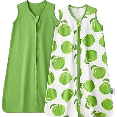 TILLYOU 2 Pack Baby Sleep Sack 6-12 Months 100% Cotton Wearable Blanket 0.5 TOG Sleeveless Summer Sleep Sacks with 2-Way Zipper, Green Apple & Fruit Green