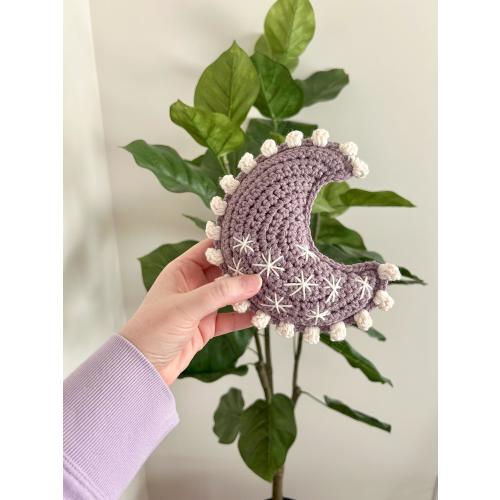 Crochet Moon Rattle: Embroidered Stars, Sensory Baby Toy (light blue color choice)