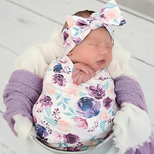 Newborn Floral Print Blanket Baby Stretch Wrap Swaddle Receiving Blanket with Matching Headband and Beanie (Purple Floral)