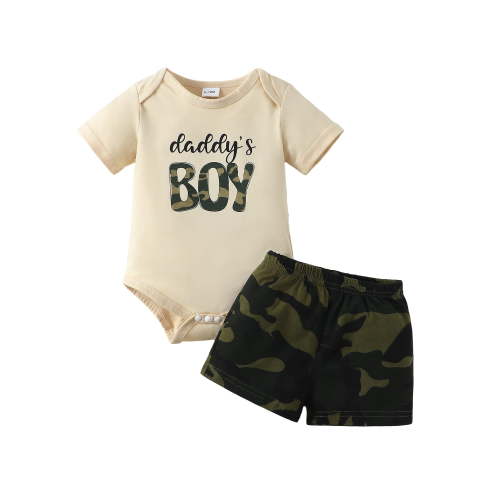 Kucnuzki Newborn Baby Boys Summer Outfits 0-3 Months Casual Clothing Sets Short Sleeves Letter Print Romper Top Camouflage Print Shorts Sets 2pcs Apricot