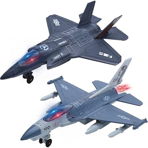 Double Fighter Jet Toy, F35 & F16 Diecast Planes with Lights & Sounds, Pull Back Military Airplane Toy Gift for Toddler,Kids, Boys