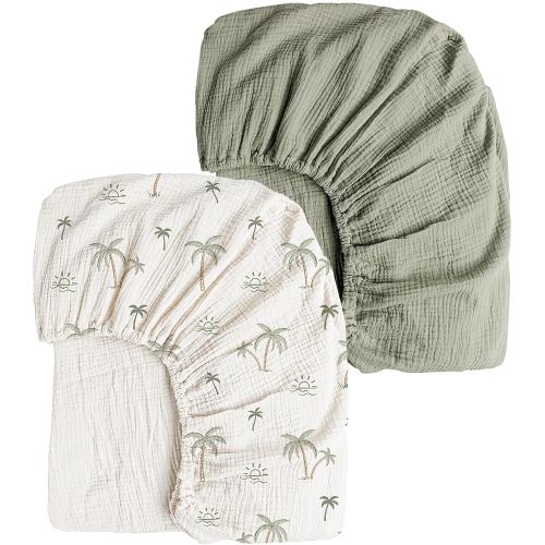 Konssy Muslin Crib Sheets 2 PCS 100% Cotton Baby Crib Sheets for Standard Crib Mattress (28"x 52"), Soft and Breathable for Boys, Girls (Tree,Fog Green)