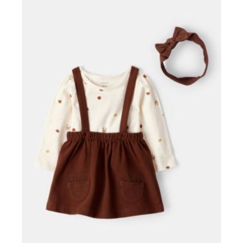 Baby Girls Cotton Turkey-Print Bodysuit, Headband & Suspender Skirt, 3 Piece Set