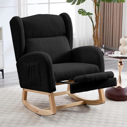 Nursery Rocking Chair with Footrest, Teddy Upholstered Glider Chair, Rocker Nursery Chair with Side Pocket, Glider Rocker, Accent Reading Chair for Living Room (White Teddy)