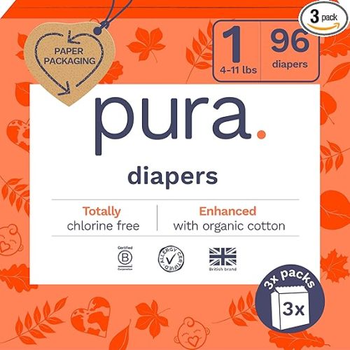 Pura Hypoallergenic Diapers, Size 1 (4-11lbs), Newborn, Totally Chlorine Free, Wetness Indicator, Suitable for Sensitive Skin, Soft Organic Cotton Comfort, Overnight, 3 Packs of 32 (96 Baby Diapers)