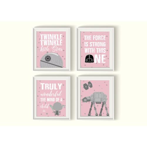 Star Wars Nursery Art Prints UNFRAMED Qty 4 Pink Blue Bedroom Boy Girl Wall Decor At AT Darth Vader Yoda Force is Strong Twinkle Shabby Chic