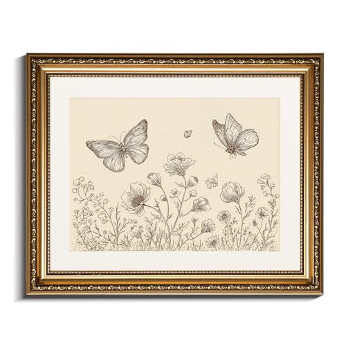 InSimSea Gold Picture Framed Wall Art, Vintage Butterflies Nursery Wall Decor, Neutral Wildflowers Botanical Canvas Print Art, Home Farmhouse Decor, Antique Paintings with Frame 13x16inch