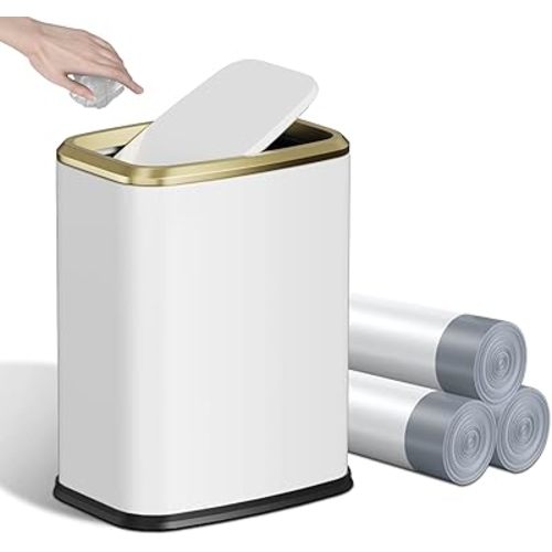 8L/2.1 Gallon Small Bathroom Trash Can with Lid, Swing-Top Rectangular Waste Bin, Stainless Steel Garbage Can for Home, Office, Toilet, Bedroom, Living-Room (White)