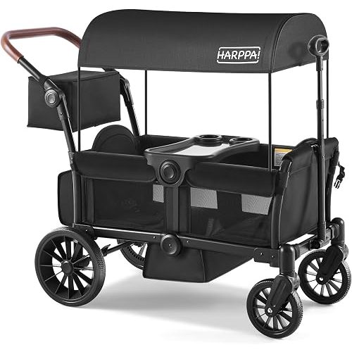 HARPPA All-Terrain Wagon Stroller for 2 Kids, Foldable Outdoor & Beach Stroller Wagon with Removable Canopy, Adjustable Push & Pull Handle, Footwell & Large Storage, Black