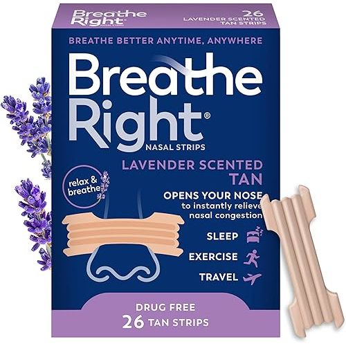 Breathe Right Nasal Strips Lavender Scent, Extra Strength Tan Nose Strips for Nasal Congestion Relief Caused by Colds & Allergies, Better Breathing, Less Snoring, Drug-Free, 26 Ct (Packaging May Vary)