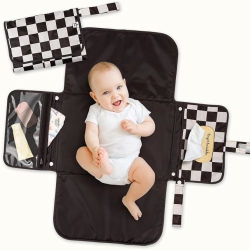 Tiny Twinkle Portable Diaper Changing Pad | Waterproof, Wipeable & Compact Baby Changing Pad for Travel | Smart Wipes Pocket & Organized Storage| Newborn Shower Gift (Black Checkers)