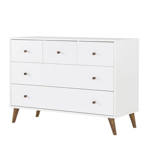 dadada Austin 5-Drawer Dresser for Nursery and Bedroom - Modern Design, Large Storage, Baby-Safe Finish, Soft Close Drawers, Anti-Tip Safety, Solid Wood Feet, Durable Construction (White+Walnut)