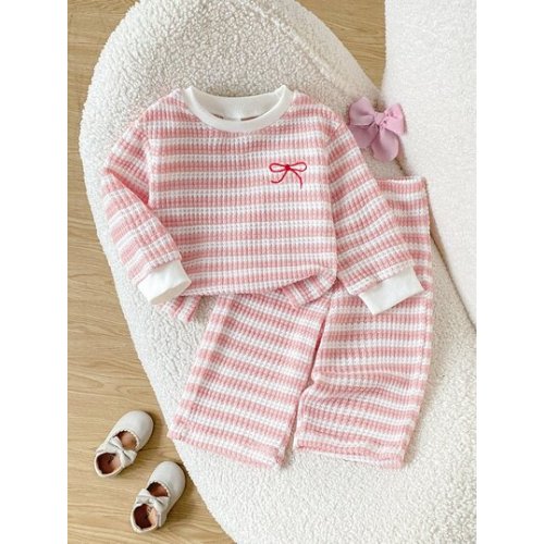 Souflis Souflis 2pcs/Set Baby Girl Ultra Soft Striped Ribbed Cuff Long Sleeve Top & Versatile Sweatpants Set, Warm Autumn/Winter Campus Outfit | SHEIN USA