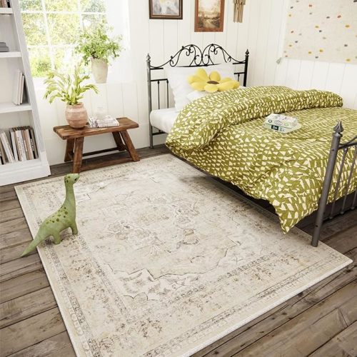 Washable Area Rugs for Living Room: 5x7 Area Rugs for Bedroom Stain Resistant Distressed Vintage Accent Rug Non Slip Low Pile Faux Wool Soft Boho Rugs for Kitchen Bedside Nursery Office Dining Room