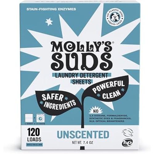 Molly’s Suds Laundry Detergent Sheets | Gentle on Sensitive Skin, Powerful Bio-Based Enzymes, Stain-Fighting | Liquidless & Plastic-Free Packaging | 120 Loads (Unscented)