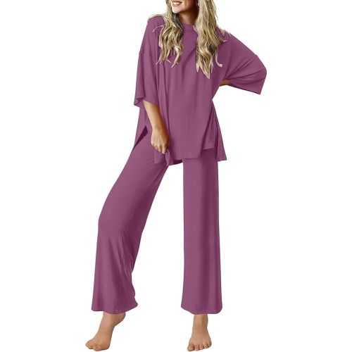 Ekouaer Lounge Sets for Women Short Sleeve Tops and Long Pants Soft Comfy Pajamas Set 2 Piece Outfits