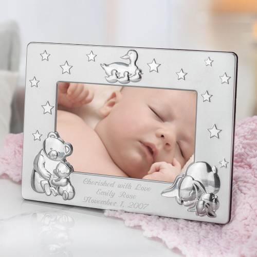 Engraved Metal Baby Picture Frame: Stars & Animals, 4x6 Photo
