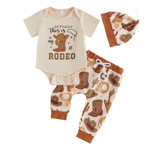 BemeyourBBs This is My First Rodeo Baby Boy Cowboy Outfit Western Newborn Baby Boys Spring Summer Fall Clothes Booties Print Short Sleeve Romper with Long Pants Hat 3Pcs Set