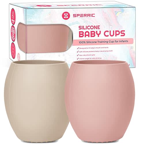 Silicone Baby Cup - Toddler Training Cup - Open Cup for Baby Led Weaning 2 Pack of No Spill Sippy Baby Cups - Soft & Gentle on Gums BPA Free Silicone Baby Cups (Rose Quartz/Beach Sand)