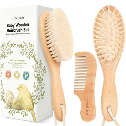 Baby Hair Brush Set for Newborns - Soft Goat Bristle Wooden Baby Brush and Comb Set Newborn Grooming Kit for Cradle Cap, Durable & Gentle, Boy, Girl Infant Essentials Care Kit (Oval, Walnut)