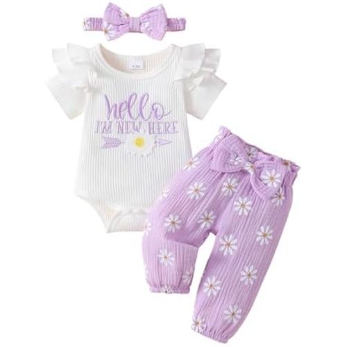 Newborn Baby Girl Clothes Outfits Ruffle Rib Romper Floral Pants with Headband Infant Summer Clothing Set