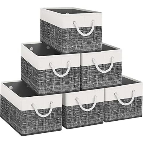 Fab totes Storage Bins [6-Pack], Foldable Storage Baskets for Organizing Toys, Books, Shelves, Closet, Large Storage Box with Rope Handles, Sturdy Organizer Bins, White & Black