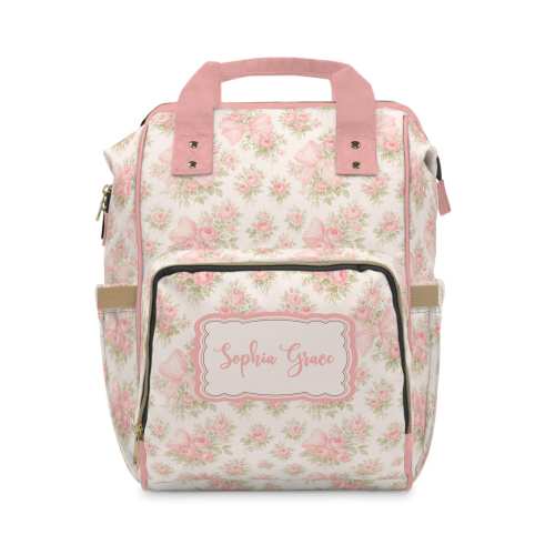 Girly pink floral coquette bows inspired Love shack fancy Multi-Purpose Diaper Bag Everyday Backpack Vacation Travel Diaper Tote & Baby Gear