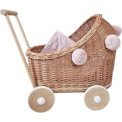 Natural Rattan Doll Stroller - Hand Made in Europe - Fits 17" Dolls & Plush Toys - Wicker Doll Pram & Baby Walker with Bedding Set - Perfect for Imaginative Play | Natural-Pink