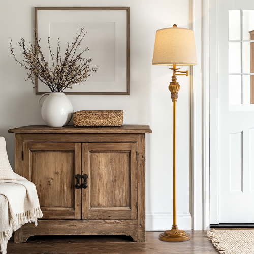 Oneach 61.5" Vintage Floor Lamp with Linen Shade, Floor Lamp for Bedroom, Living Room, Study Classic Rotary Switch Design Home Decor, Antique Gold