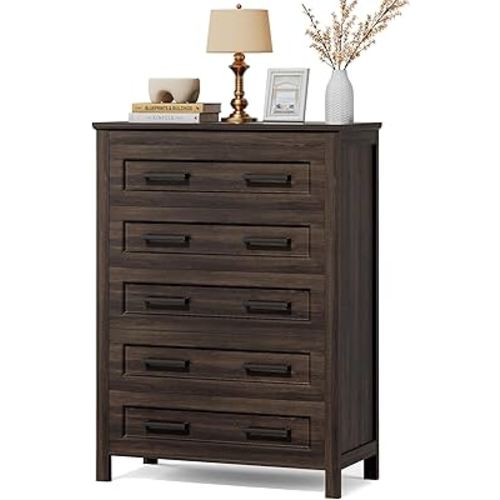 YESHOMY Brown Dresser for Bedroom, Wooden 5 Drawer Dresser, Closet Storage Organizer Chest of Drawers for Living Room, Hallway, Closet