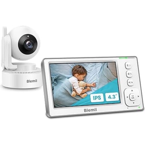 Blemil Baby Monitor with Camera and Audio, 4.3'' IPS Screen Monitor with 29-Hour Battery, 1000ft Range Pan-Tilt-Zoom Video Baby Monitor No WiFi, 2X Zoom, Two-Way Talk, Night Vision