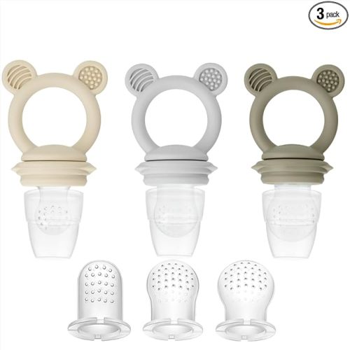 PandaEar 3 Pack Baby Fruit & Food Feeder Pacifier, Silicone Feeder Pacifier with 3 Sizes Pouches for Babies Toddlers Infants Kids, BPA-Free Food Grade Soft Safe (Tan/Grey/Brown)