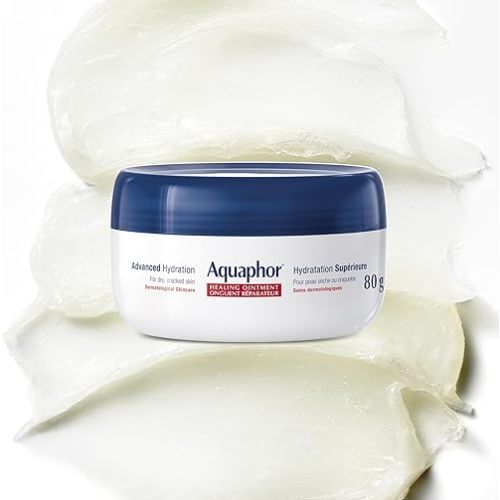 Aquaphor Healing Ointment, Multipurpose Ointment for Dry, Cracked Skin, Chafing, Cuticle Care, Fragrance Free, Non Greasy and Non Comedogenic Body Moisturizer, Dermatological Skin Care, 80g Jar