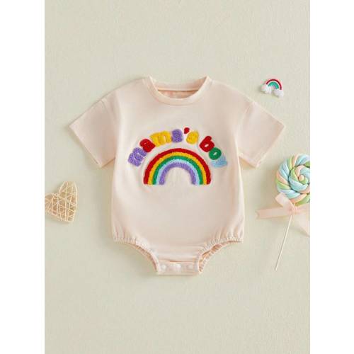 Baby Boy Short Sleeve Romper Rainbow Letter Embroidered Crew Neck Jumpsuit Casual Summer Spring Clothes | SHEIN USA