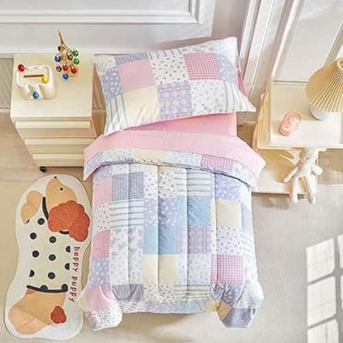 Joyreap 4 Piece Cotton Toddler Bedding Set- Colorful Flowers Patchwork Design, Toddler Comforter Set for Girls, Includes Quilted Comforter, Fitted Sheet, Top Sheet, and Pillow Case