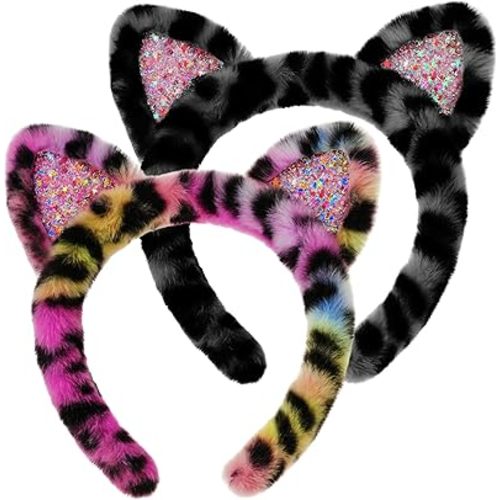 Cat Ears Headband for Women, 2-Pack Multiple Leopard White Black Cat Ears, Halloween Cat Ears Fuzzy Cat Ears Plush Cat Ears Hair Band Cat Ear Headbands (Colorful Quicksand, U)