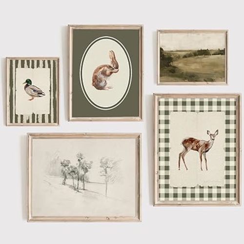 Vintage Nursery Wall Art Kids Canvas Poster Baby Boy Room Wall Decor Green Rabbit Wall Art Bunny Bird Prints Deer Picture Farmhouse Painting Nursery Artwork for Bedroom 8x10 Inch Unframed Set of 5