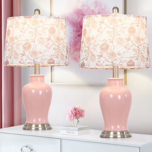 Ruzectt Pink Ceramic Table Lamp with Flower Lampshade, 23" Cute Bedroom Lamp with Ginger Jar Design, Modern Living Room Lamps Set 2, Elegant Bedside Lamps for Nightstand End Table Home Decor