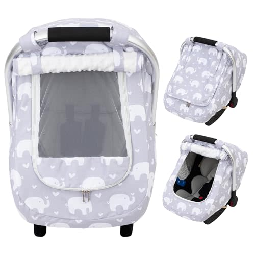 Baby Car Seat Cover, Mink Dot Infant Car Seat Cover for Girls Boys, Universal Carseat Cover with Mesh Peep Window & Sun Shade, Breathable Baby Carrier Canopy Cover for Spring Autumn