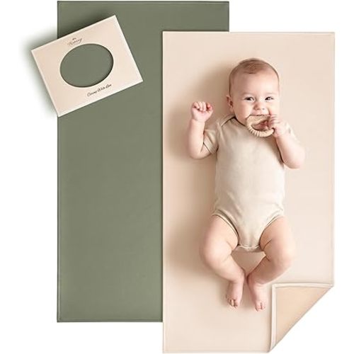 Konssy Faux Leather Baby Changing Mat, Waterproof, Wipeable & Portable Diaper Changing Pad for Travel or Home, Fits Perfectly in Diaper Bag, 30 x 17 inches (Fog Green,Beige)
