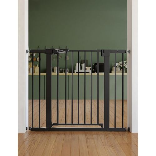 Babelio Pressure Mounted Baby Gate for Stairs, 26-40" Wide Dog Gate Indoor | Triple-lock system; Pressure/wall mount Auto-close; 200N impact tested; Easy Install for Doorways, Kitchen, Hallway, Black